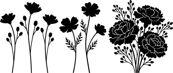 Floral silhouette icon vector illustration set featuring wildflowers, fern leaves, and layered bouquet designs for botanical decorative motifs © Umme