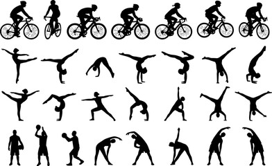 Sports silhouette icon vector illustration set featuring cycling, ballet dance, gymnastics, basketball, stretching, and calisthenics activity motifs © Umme