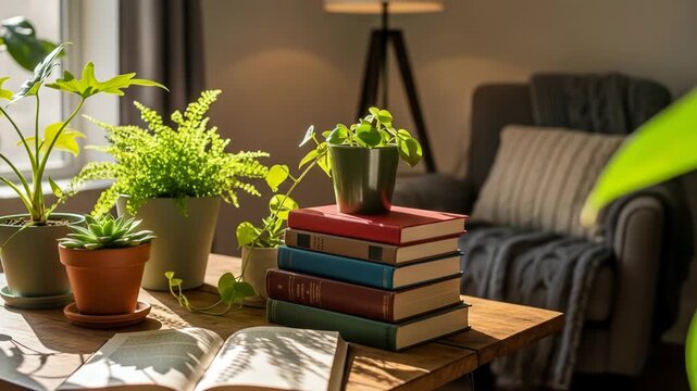 A serene living room scene with a wooden table holding potted plants and a stack of books next to a cozy armchair