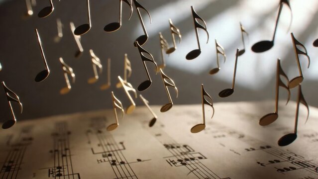 Golden notes float above sheet music