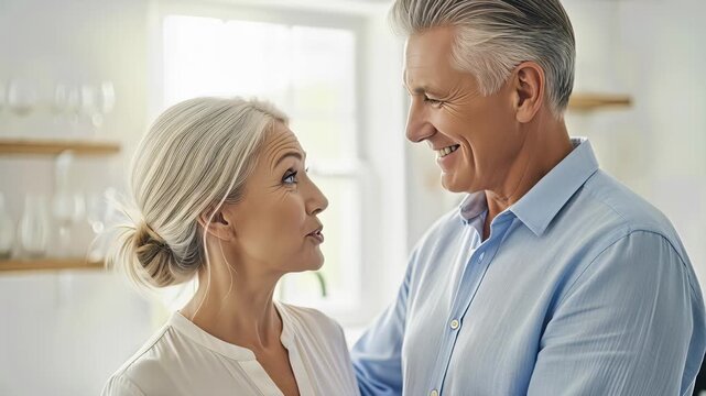 Affectionate mature couple sharing a loving moment in a bright, modern kitchen, gentle interaction and connection in later life.