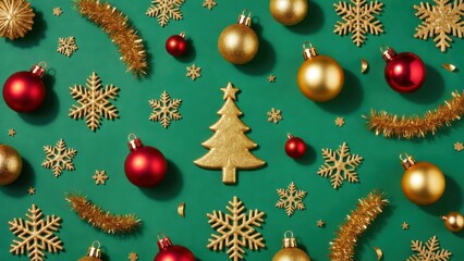 Gleaming red and gold ornaments scatter across a vibrant green backdrop