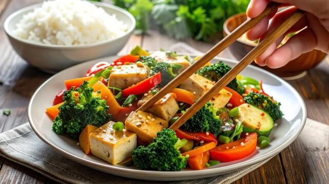 Delicious and colorful tofu stir-fry with fresh vegetables and rice, a healthy and flavorful meal.