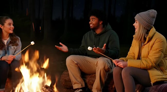 Three Friends Sharing Stories and Toasting Marshmallows Around a Campfire at Night