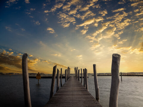 Sunset Wooden Jetty - Houten steiger Woldstrand , Zeewolde, Flevoland province, The Netherlands
