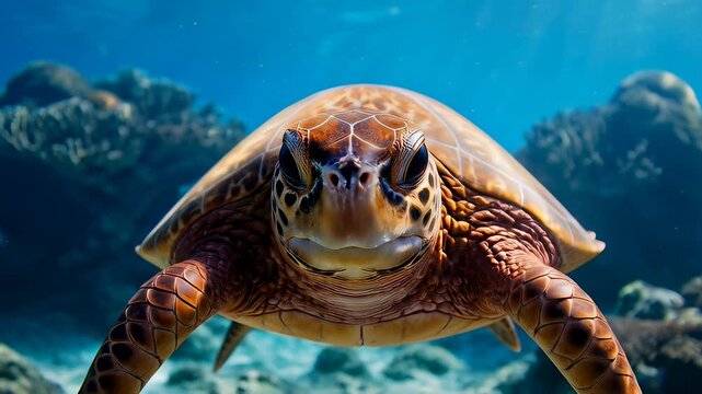 A majestic sea turtle swimming through deep blue ocean waters in a cinematic 3D animation, showcasing marine wildlife conservation concepts.