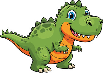 Fototapeta premium Cute Green Tyrannosaurus Rex Cartoon Dinosaur Vector Illustration Featuring an Orange Belly and Sharp Teeth Isolated on a White Background