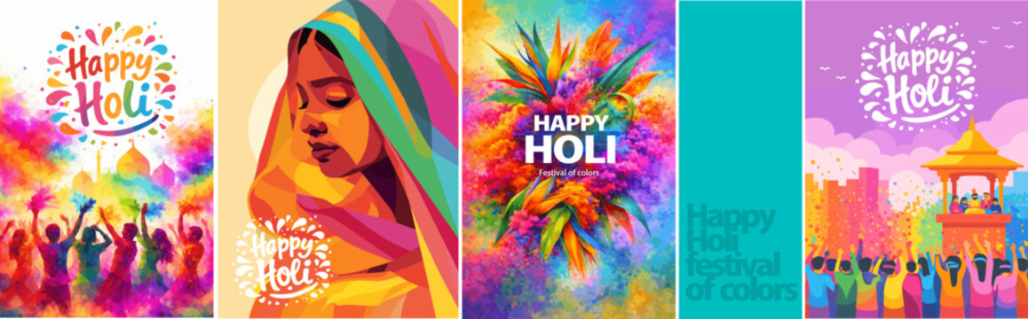 Happy Holi colorful vector poster set celebrating the Indian festival of colors. Vibrant paint splashes, joyful people, floral elements and festive illustrations symbolizing spring celebration
