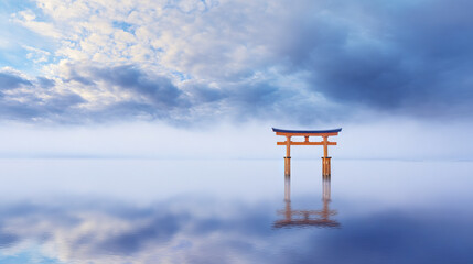 Traditional Gate Reflected in Calm Water with Dramatic Sky