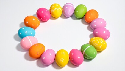Obraz premium Circular Frame Arrangement of Colorful Patterned Easter Eggs on a Clean White Background with Copy Space