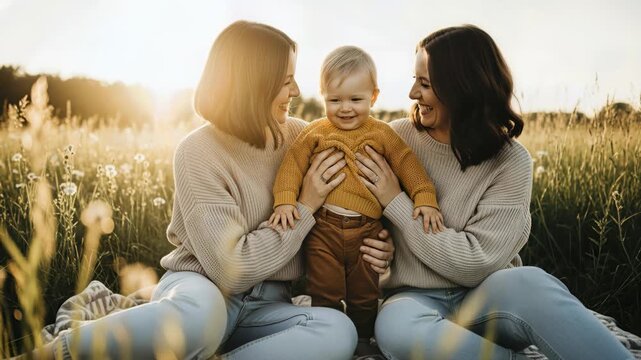 Joyful lesbian couple with happy toddler son enjoying golden hour sunset in a sunlit grassy field with wildflowers, symbolizing family love and togetherness.