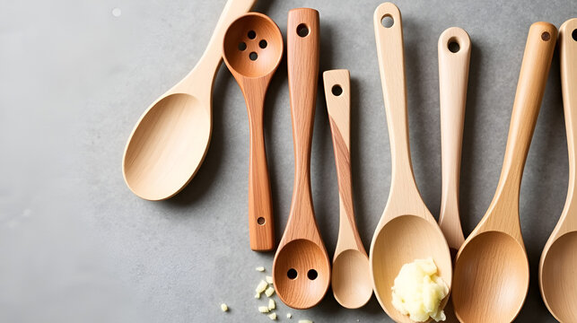 Classic wooden utensils and spoons including potato mashers for essential kitchen tools and culinary creativity