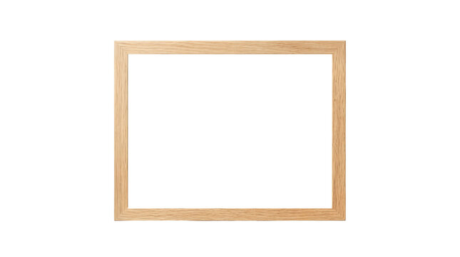Blank white paper rectangle with light brown wooden frame isolated on white background, minimal border template for mockup, poster, banner, and copy space