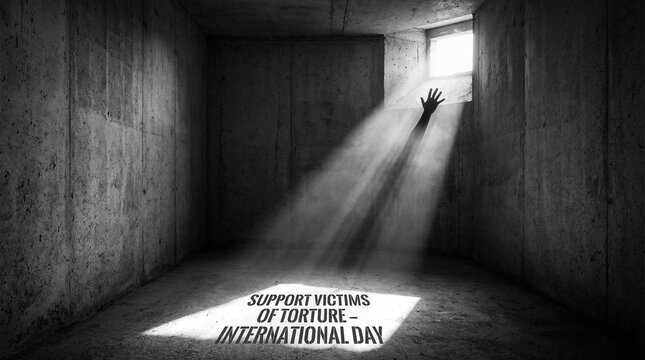 A shadowy hand reaches desperately towards a bright window beam in a dark, desolate concrete room, highlighting the plight of torture victims.