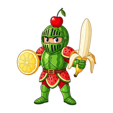 3d illustration of a cartoon character dressed as a knight holding a banana sword and a slice of orange and wearing a green helmet with a cherry on top isolated on white background funny character Art