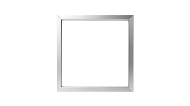 Minimal square metallic frame isolated on white background, empty silver border for mockup, poster, photo, artwork display, modern design template