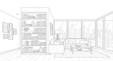 Fototapeta premium Minimalist Living Room Interior Sketch with Shelves and Couch.