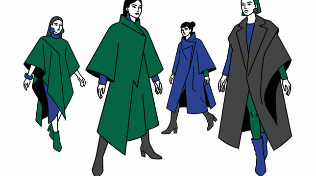 Four women wearing long coats in different colors walking in the same direction