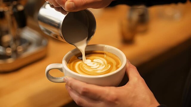 Latte Art in the Making with Milk Pouring into a Coffee Cup