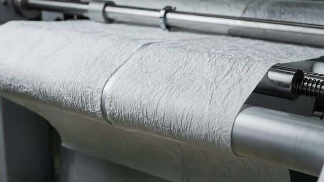 Detailed view of crepe exam table paper as it undergoes slitting and perforating emphasizing the wrinkled texture ideal for cushioning and comfort in clinics.