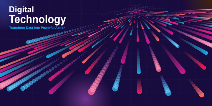 Vector illustration of vibrant digital technology background with colorful neon light streaks on dark blue