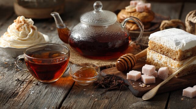 Tea, sugar, and sweets are arranged on a wooden table.