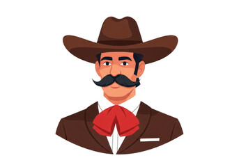 A cartoon cowboy with a large mustache and brown suit
