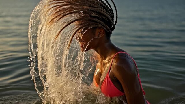 Joyful young Black woman with braided hair splashing water while swimming or playing in the sea at sunset