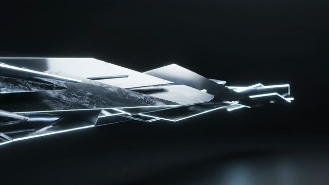 Futuristic Abstract Metallic Structure with Sharp Edges and Reflective Surface on a Dark Background