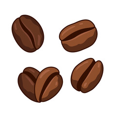 Fototapeta premium Coffee beans, heart shaped beans, set of vector cartoon style illustrations