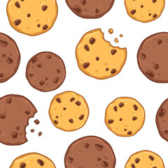 Fototapeta premium Cookies, biscuits, bitten off chocolate cookies pattern, seamless background. Cartoon drawing