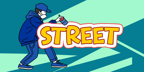 Urban street graffiti typography with spray artist painting wall. Modern street art vector illustration featuring city culture, graffiti style lettering, and urban lifestyle concept. © yossi