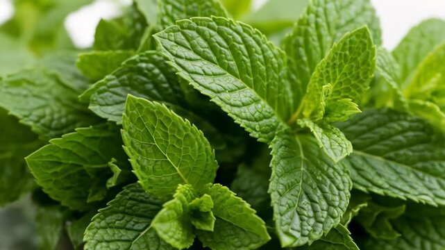 A close-up view of vibrant green leaves with textured surfaces
