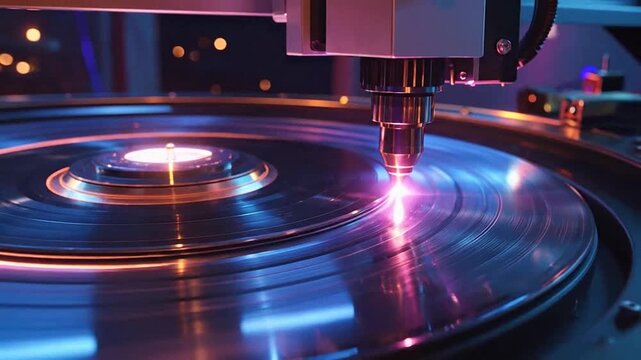 Close-up of a laser cutting machine in operation, creating intricate designs on a l surface.
