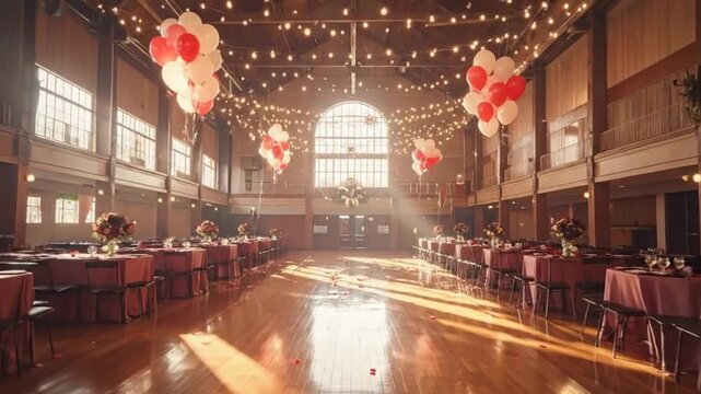 Elegant event hall decorated with balloons, tables, and string lights, creating a festive atmosphere.