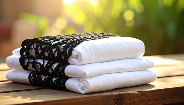 Stack of neatly folded traditional Arabic ghutra and egal garments with intricate black woven patterns