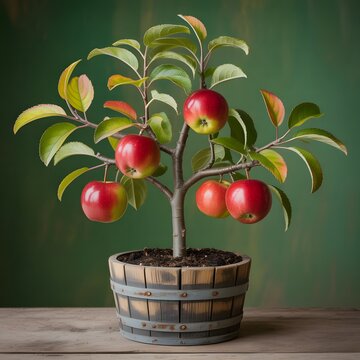 Dwarf apple tree with shiny red fruits in a rustic wooden barrel pot