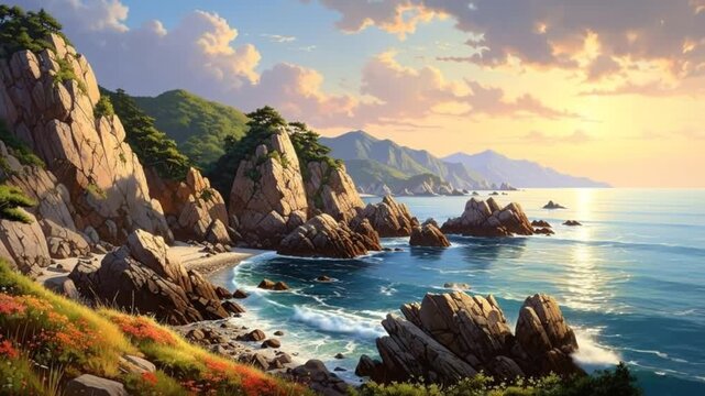 Coastal landscape with y cliffs, turquoise water, and a vibrant sunset sky, creating a serene atmosphere.