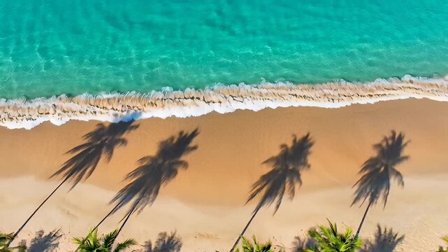 Aerial view of turquoise tropical ocean waves washing over golden sand with palm tree shadows in a cinematic beach video, ideal for summer travel and relaxing vacation background concepts.