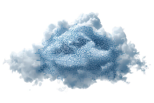 Cloud computing maze illustrating complex data networks, digital storage, and technological challenges on transparent background