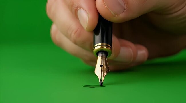 A person using a fountain pen to write on a green background