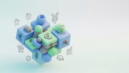 Obraz premium Abstract 3D render of interconnected cubes and spheres representing a complex system or network with various icons floating around.