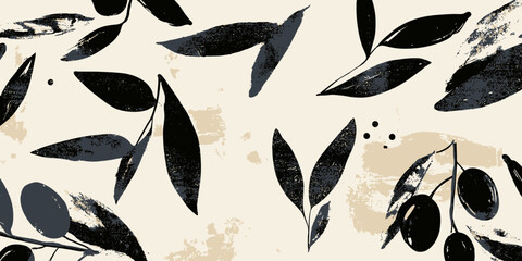Fototapeta premium Black ink brush stroke olive branches with leaves and olives minimalistic hand drawn botanical vector illustration on light background for design