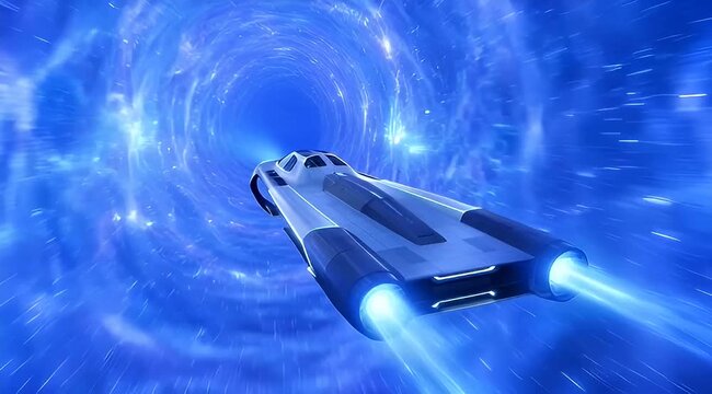 Futuristic spacecraft hurtling through a swirling blue vortex representing space travel