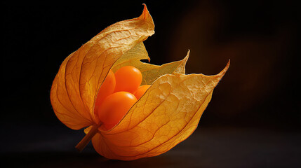 Golden Leaf with Orange Spheres in a Dark Setting