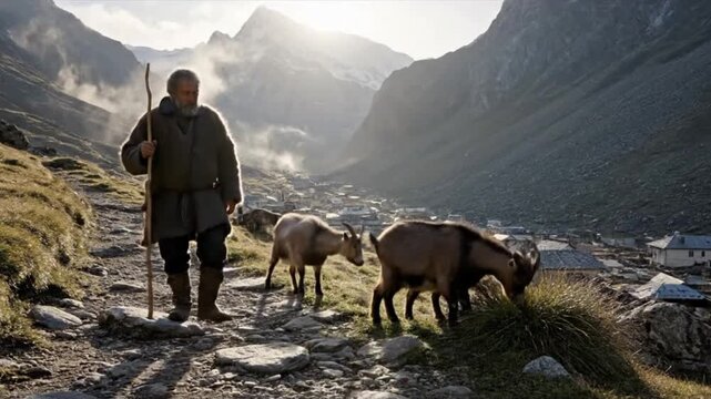 A traditional shepherd guides his small herd of goats along a rugged mountain path, overseeing them above a remote village.