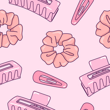 Hair accessories, seamless pattern, background. Barrete, claw, clip, hair tie, elastic simple illustrations