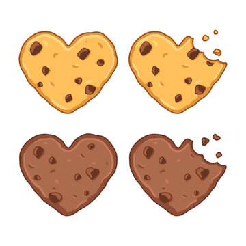 Cookies, biscuits, bitten off heart shaped chocolate cookies, cartoon drawings