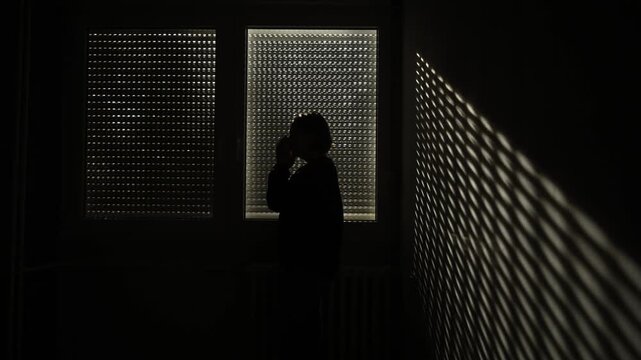 Moody silhouette of a female figure touching forehead near shuttered window with patterned light, symbolizing isolation, anxiety, introspection and emotional struggle. 4K.