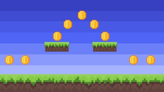Vibrant pixel art retro game landscape illustration with classic floating platforms and gleaming golden coins, evoking nostalgic platformer challenges and digital adventure